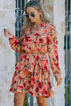 Red Frilled Collar Long Sleeve Floral Dress with Ruffle-Dresses-MomFashion