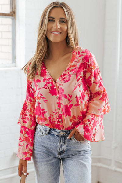 Pink Floral Print Tiered Bell Long Sleeve Buttoned Bodysuit-Tops-MomFashion