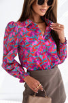 Multicolor Abstract Floral Button Up Long Puff Sleeve Shirt-Tops-MomFashion