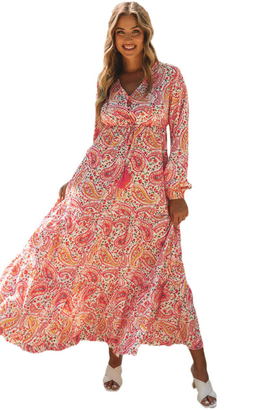 Orange Boho Holiday Paisley Print Tiered Long Sleeve Maxi Dress-Dresses-MomFashion