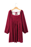 Red Tie Back Square Neck Velvet Babydoll Dress-Dresses-MomFashion