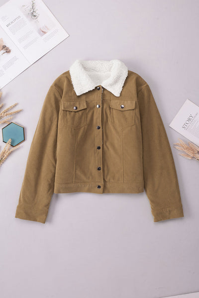 Khaki Corduroy Sherpa Snap Button Flap Jacket-Outerwear-MomFashion