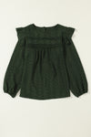 Blackish Green Lace Eyelet Ruffle Shoulder Long Sleeve Blouse-Tops-MomFashion