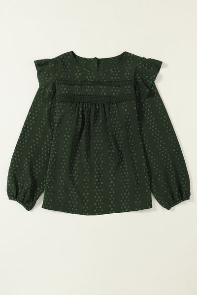 Blackish Green Lace Eyelet Ruffle Shoulder Long Sleeve Blouse-Tops-MomFashion