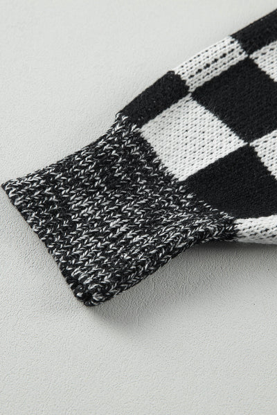 Black Checkered Print Drop Shoulder Sweater-Tops-MomFashion