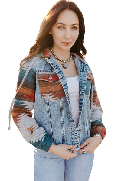 Multicolor Aztec Print Frayed Hem Denim Jacket-Outerwear-MomFashion