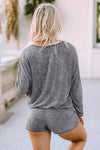 Gray Long Sleeve Top and Drawstring Shorts Lounge Set-Loungewear-MomFashion