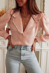 Pink Frilled Lapel Collar Button-Up Puff Sleeve Shirt-Tops-MomFashion