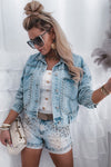 Sky Blue Rivet Studded Pocketed Denim Jacket-Outerwear-MomFashion