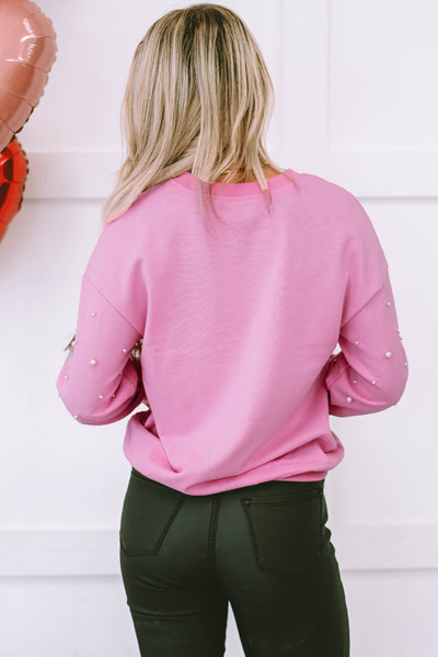 Bonbon Pearl Detail Ribbed Crew Neck Sweatshirt-Tops-MomFashion