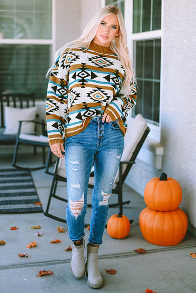 Brown Aztec Striped Knit Ribbed Trim Sweater-Tops-MomFashion