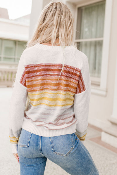 Multicolor Stripe Long Sleeve Round Neck Sweater-Tops-MomFashion