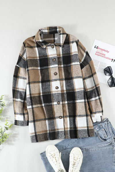 Plaid Print Buttoned Shirt Jacket-Outerwear-MomFashion