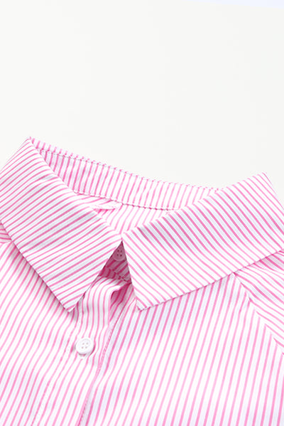 Pink Smocked Cuffed Striped Boyfriend Shirt with Pocket-Tops-MomFashion