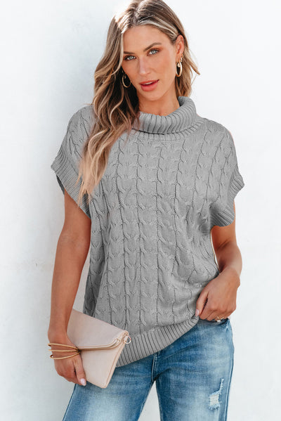 Medium Grey Cable Knit Turtleneck Batwing Sleeve Sweater-Tops-MomFashion