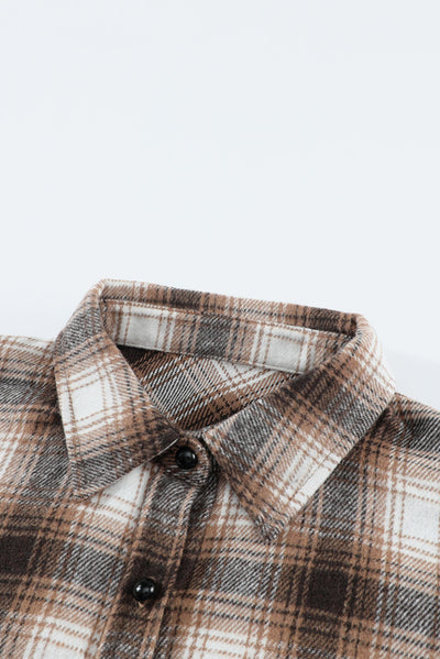 Brown Buttons Pocketed Plaid Shacket-Outerwear-MomFashion