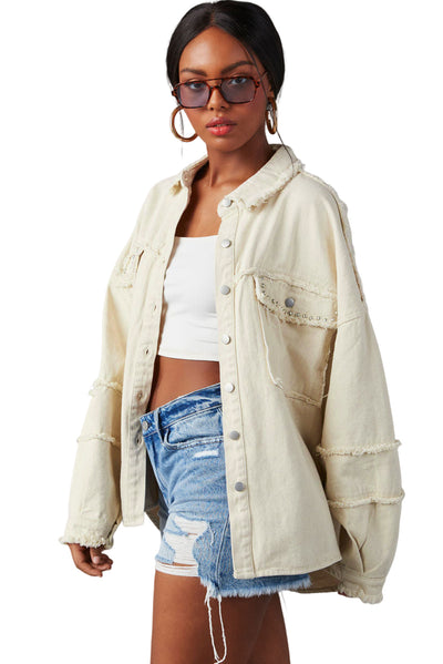 White Frayed Exposed Seam Denim Jacket-Outerwear-MomFashion