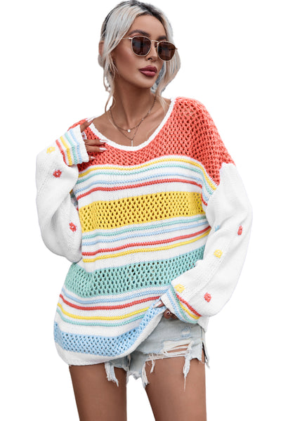 Multicolor Hollow Striped Knit Contrast Sleeve Sweater-Tops-MomFashion