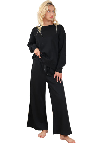 Black Ultra Loose Textured 2pcs Slouchy Outfit-Loungewear-MomFashion