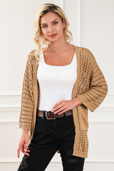 Camel Pointelle Knit Pocket Open Front Cardigan-Tops-MomFashion