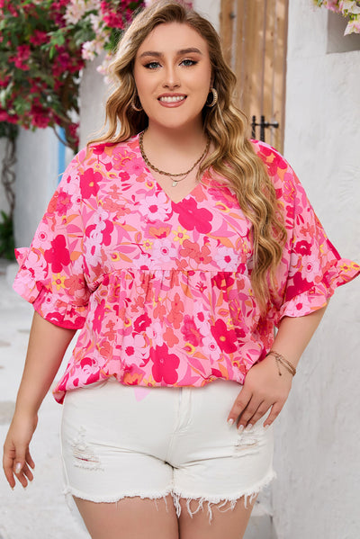 Rose Floral Print Ruffled Half Sleeve Plus Size Babydoll Blouse-Plus Size-MomFashion