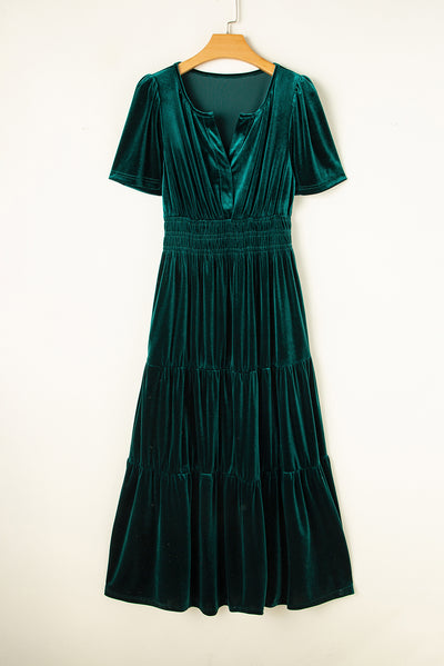 Evergreen Velvet Short Sleeve Shirred Waist Tiered Maxi Dress-Dresses/Maxi Dresses-MomFashion