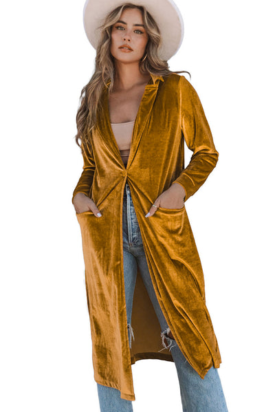 Yellow Retro Velvet Long Sleeve Pocket Coat-Outerwear-MomFashion