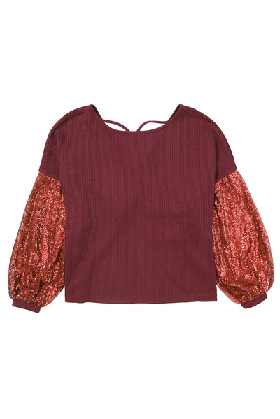 Burgundy Sequin Patchwork Sleeve Open Back Waffle Knit Top-Tops-MomFashion