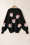 Black Sequined Santa Clause Bishop Sleeve Sweater-Tops-MomFashion