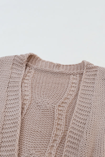 Apricot Ribbed Trim Eyelet Cable Knit Cardigan-Tops-MomFashion