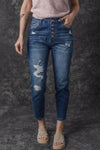 Blue Distressed Button Fly High Waist Skinny Jeans-Bottoms-MomFashion