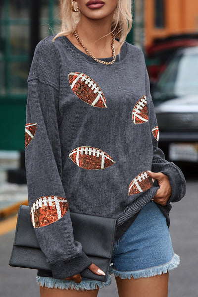 Gray Sequin Rugby Graphic Corded Baggy Sweatshirt-Graphic-MomFashion