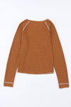 Brown Textured Round Neck Long Sleeve Top-Tops-MomFashion