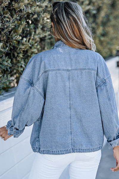 Sky Blue Roll-Up Tab Sleeve Button Down Pocket Denim Jacket-Outerwear-MomFashion