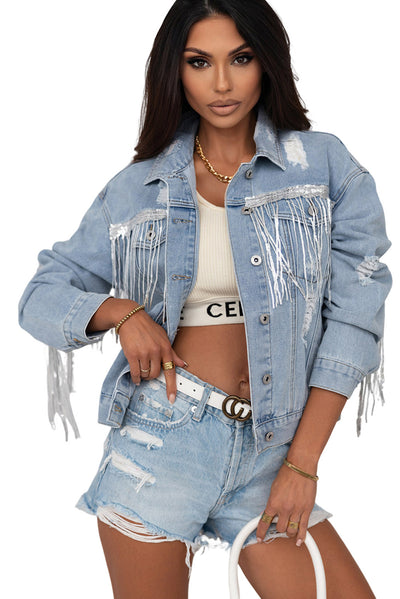 Sky Blue Sequin Embellished Fringe Distressed Denim Jacket-Outerwear-MomFashion