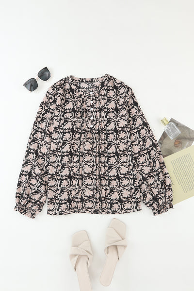 Black Floral Print Split Neck Pleated Puff Sleeve Blouse-Tops-MomFashion