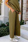 Sage Green Quilted Short Sleeve Wide Leg Pants Set-Loungewear-MomFashion