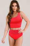 Red Scalloped Criss Cross High Waist Bikini-Swimwear-MomFashion