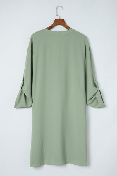 Green Roll-tab Sleeve Flowy Casual Dress-Dresses-MomFashion