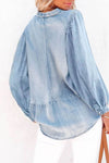 Sky Blue Split V-Neck Balloon Sleeve Ruched Denim Top-Tops-MomFashion