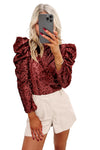 Burgundy Sequin Mock Neck Bubble Sleeve Top-Tops-MomFashion