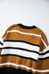 Brown Stripe Contrast Stripes V Neck Textured Knit Sweater-Tops-MomFashion