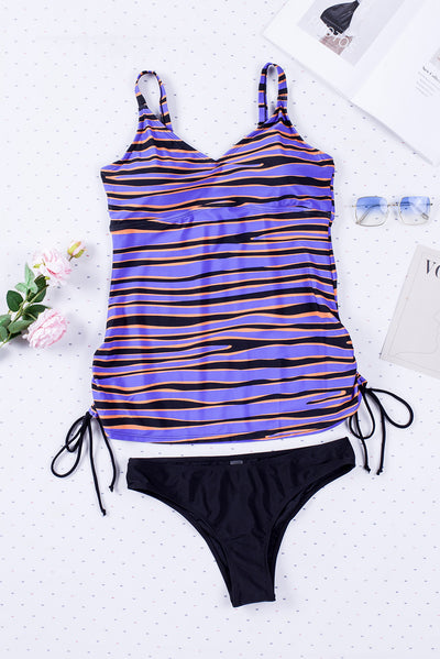 Purple Animal Stripes Lacing Tankini Swimsuit-Swimwear-MomFashion