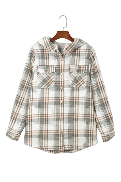 Gray Plaid Pattern Sherpa Lined Hooded Shacket-Outerwear-MomFashion