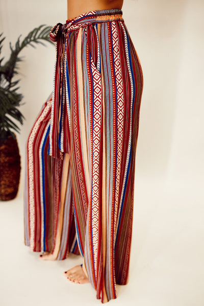 Red Boho Ethnic Striped Print Tie Waist Wide Leg Pants-Bottoms-MomFashion