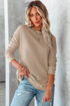 Apricot Crew Neck Ribbed Trim Waffle Knit Top-Tops-MomFashion