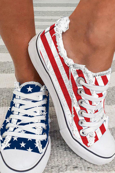 Blue American Flag Lace-up Canvas Flat Shoes-Shoes & Bags-MomFashion