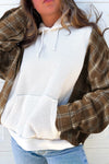 White Waffle Patch Plaid Sleeve Kangaroo Pocket Hoodie-Tops-MomFashion