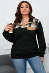 Black Plus Size Quilted Plaid Patch Henley Sweatshirt-Plus Size-MomFashion