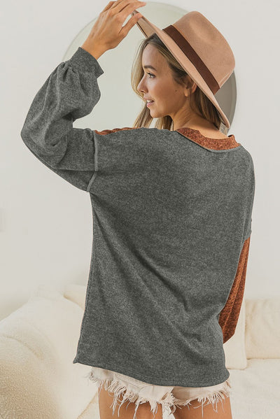 Brown V Neck Color Block Patchwork Loose Pullover-Tops-MomFashion